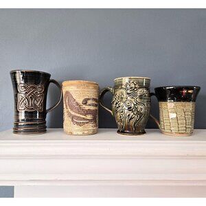 Curated Set of Four Handmade Studio Pottery Mugs Mismatched Dark Moody Earthy